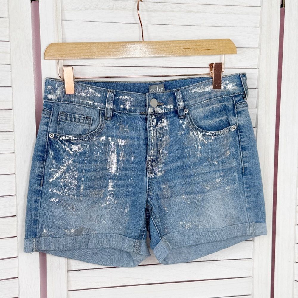 Soho Jeans Metallic Paint Splatter Cuffed Hem Jean Shorts Blue Silver 2‎